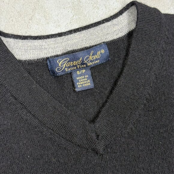 Garret Scott Extra Fine Merino Wool Sweater V-Neck Lightweight Black Small - Picture 2 of 4